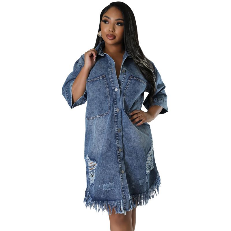 

218680 Plus size women clothing New Denim Ripped Tassel Short sleeve Lapel Dress Factory Blue 1XL