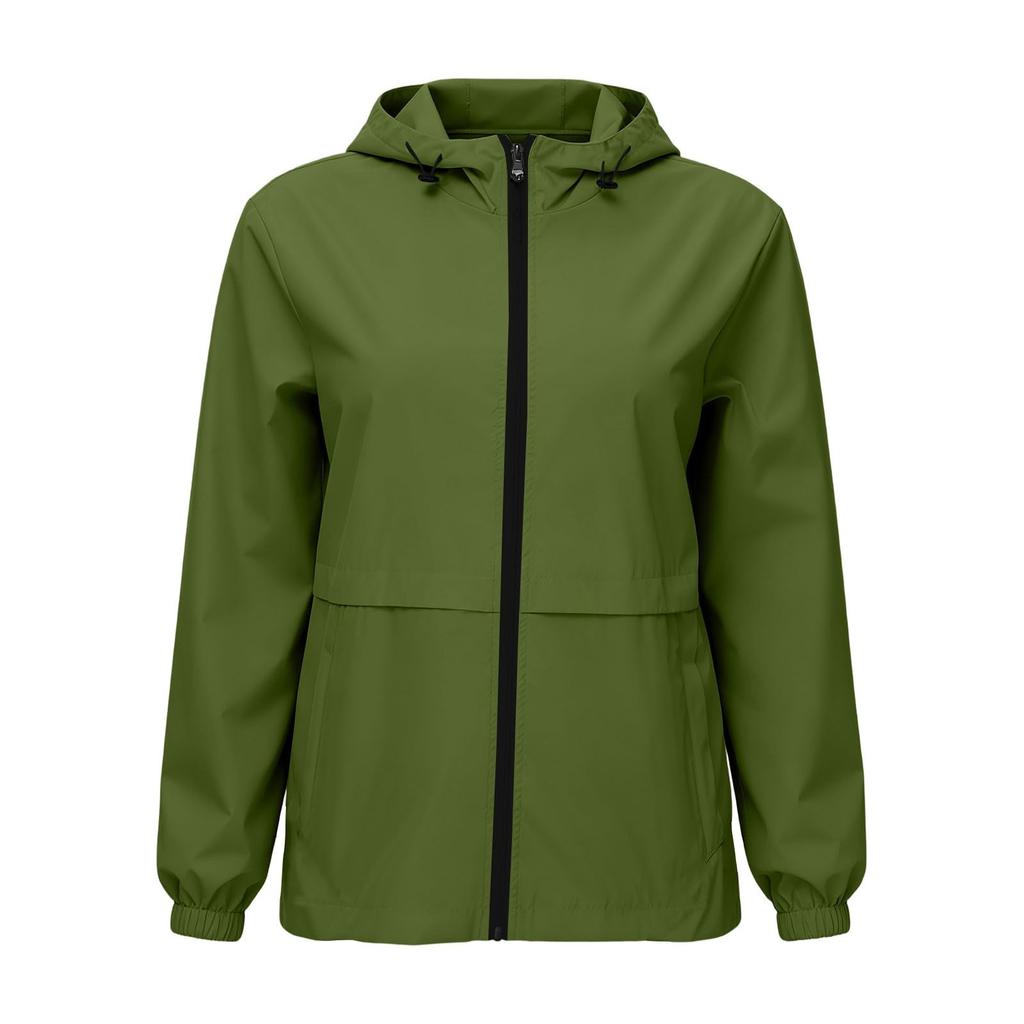 Women's Waterproof Windproof Hooded Jacket Lightweight Outdoor Raincoat Full Zip Front Pockets Adjustable Drawstring Hood