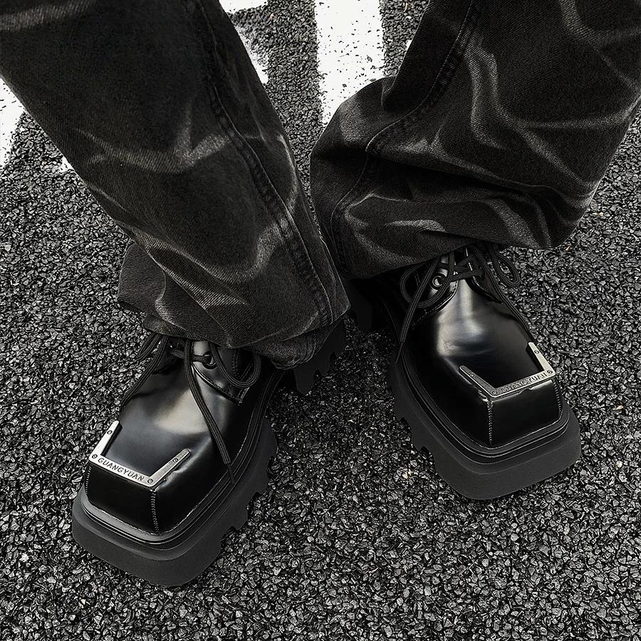 Pantofi din piele cu vârf pătrat cu design original pentru bărbați, la modă, nișă heavy metal întunecat, pantofi Derby cu deget mare, pentru navetă, muncă, timp liber