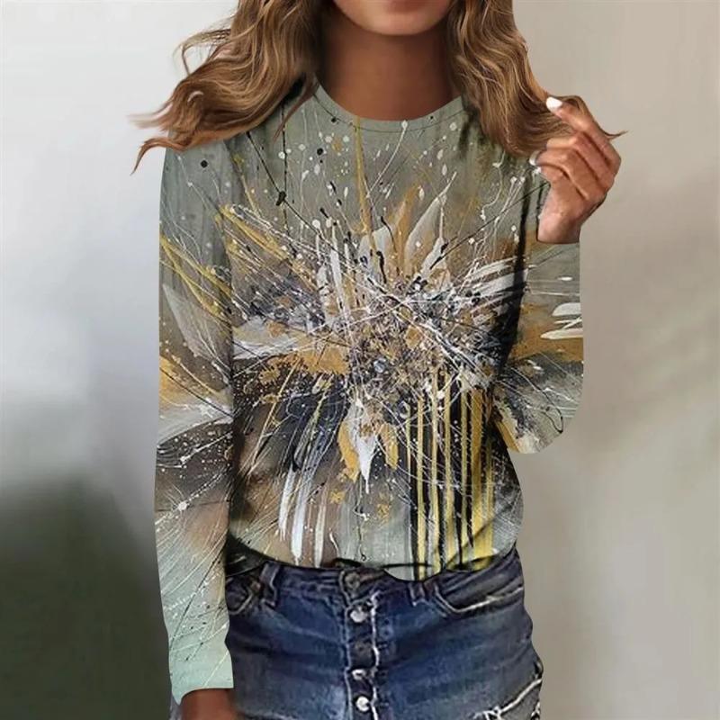 Autumn and Winter Women's 3D Geometric Printing Crew Neck Long Sleeve T-Shirt