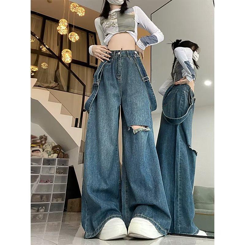 Plus Size Strappy Torn Jeans for Women Spring and Autumn High Waist Loose Wide Leg Straight Dragging Long Trousers