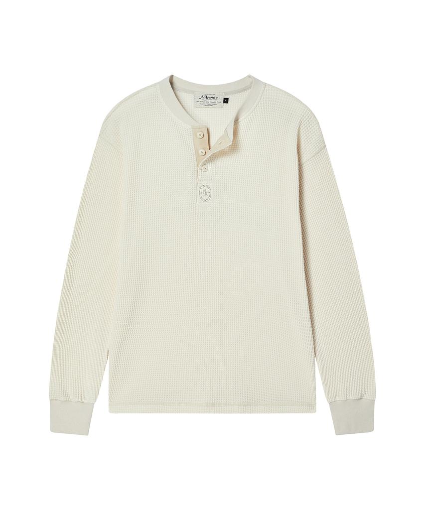 BEYOND CLOSET [Collection Line] Washed Cotton Waffle Henley Neck T-Shirt Ivory