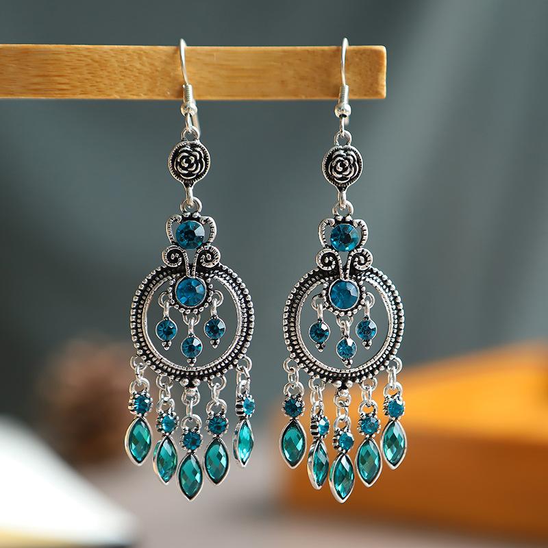 Bohemian Ethnisch Lang Blau Acryl Kristall Wassertropfen Ohrringe für Damen Retro Temperament Geometrisch Hängende Ohrringe Schmuck