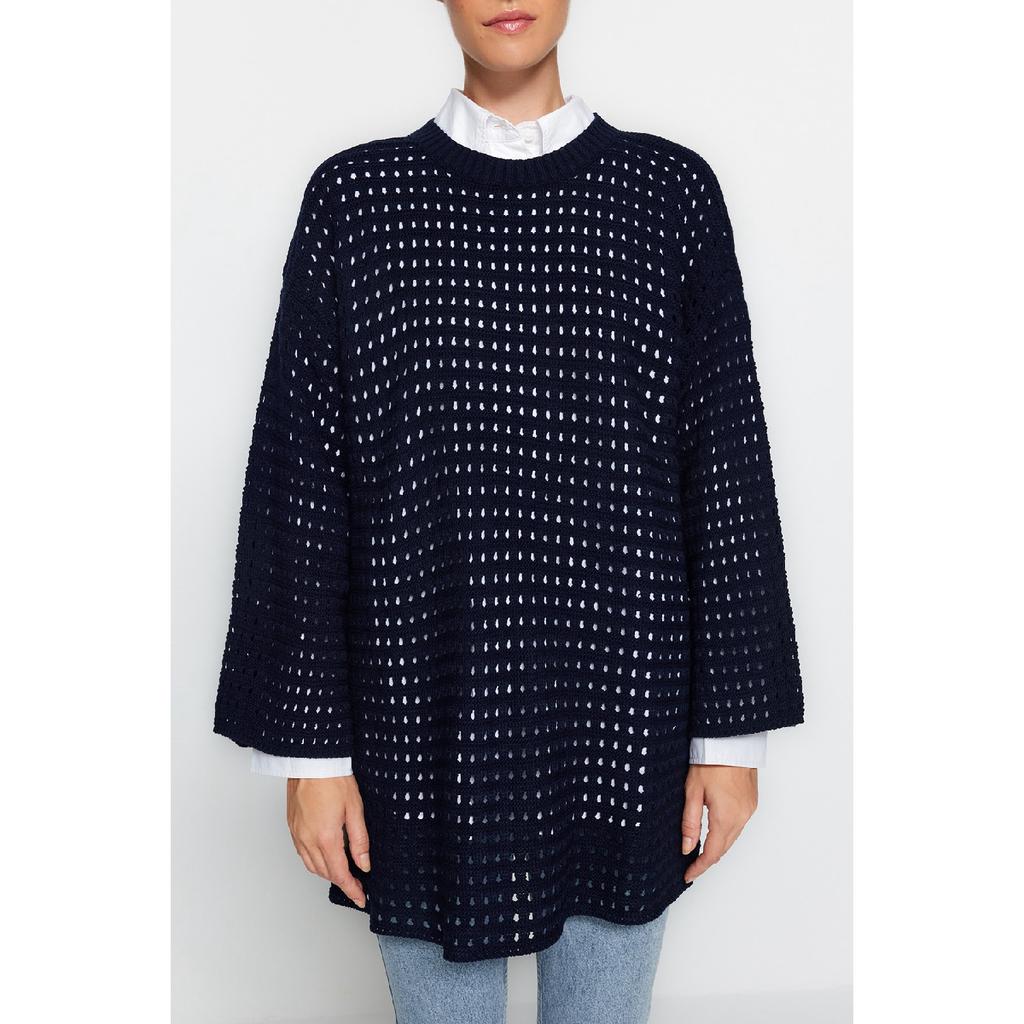 Pulover tricotat cu ajurat/gauri, albastru marin, tăiat relaxat Tctaw24ak00113