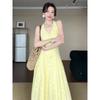 Yellow floral neck dress, new women's summer French temperament seaside vacation long skirt