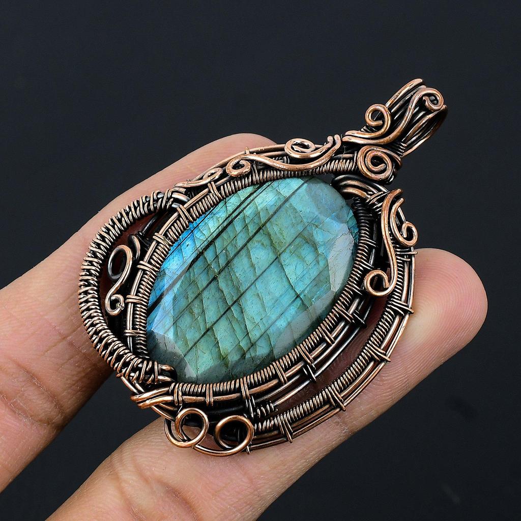 Labradorite Pendant, Handmade Gemstone 999 Copper Wire Wrapped Pendant Antique Jewelry, For Gift Silver Jewelry