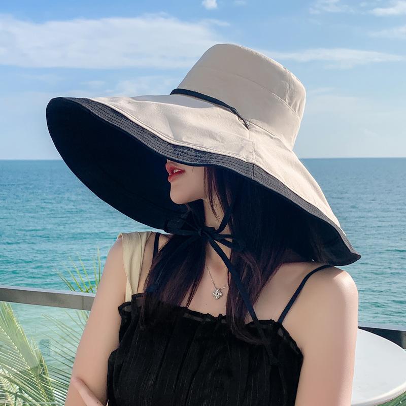 Hat Summer Women's New Seaside Beach Big Brim Sunscreen Sunshade Sun Hat Double-sided Wear Big Head Circumference Bucket Hat