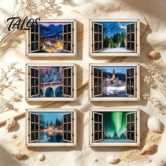 Nature View Fridge Magnet 1/6Pcs Fake Window Magnet, Wooden Natural Scenery Refrigerator Landscape Decor Magnets Magnetic Decoration for Kitchen