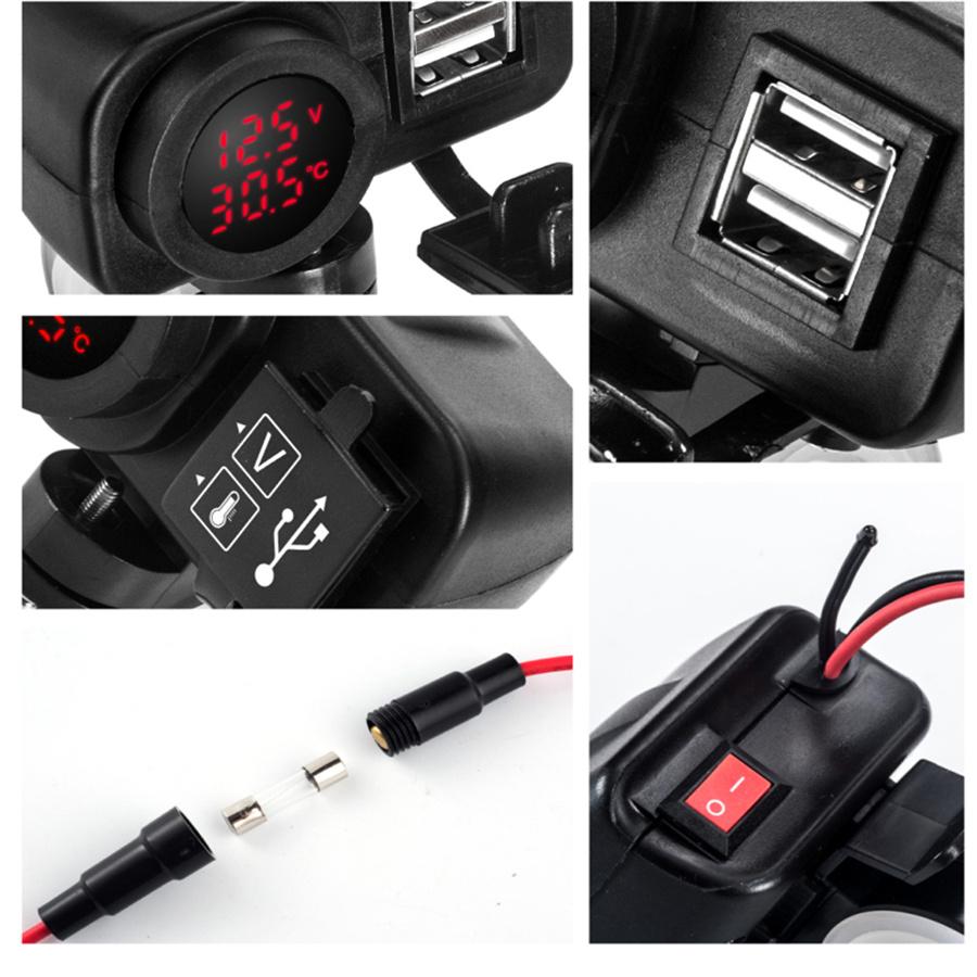 Universal Motorcycle 12v Dual USB 2.1A+2.1A Charger  With Digital Voltmeter LED Display Thermometer