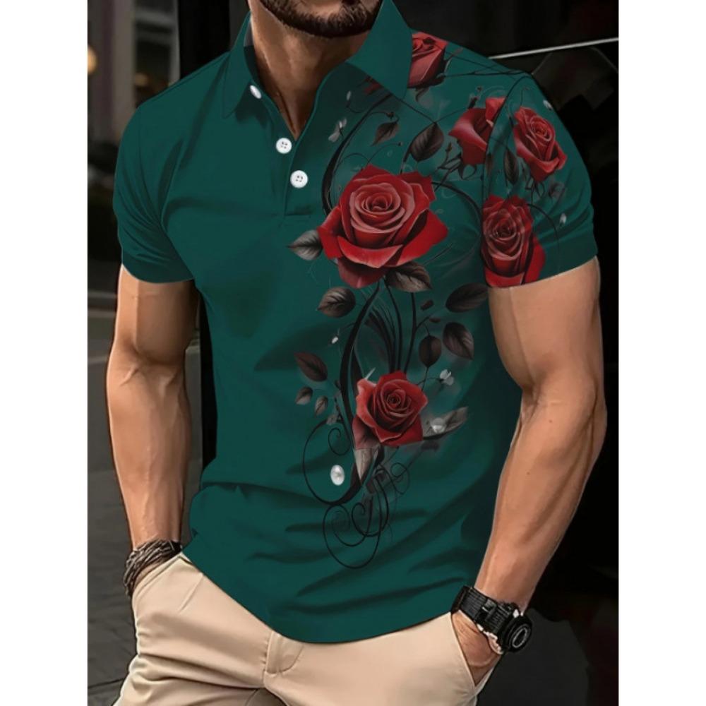 New Men's Red Rose Pattern 3D Printed Casual Top, Comfortable Short Sleeved Polo Shirt