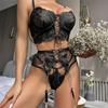 GZW Embroidered Flower Sheer Mesh Lingerie Set Women's Lace Breathable Gathered Underwire Big Bow Bra and Garter Panties Erotic Underwear
