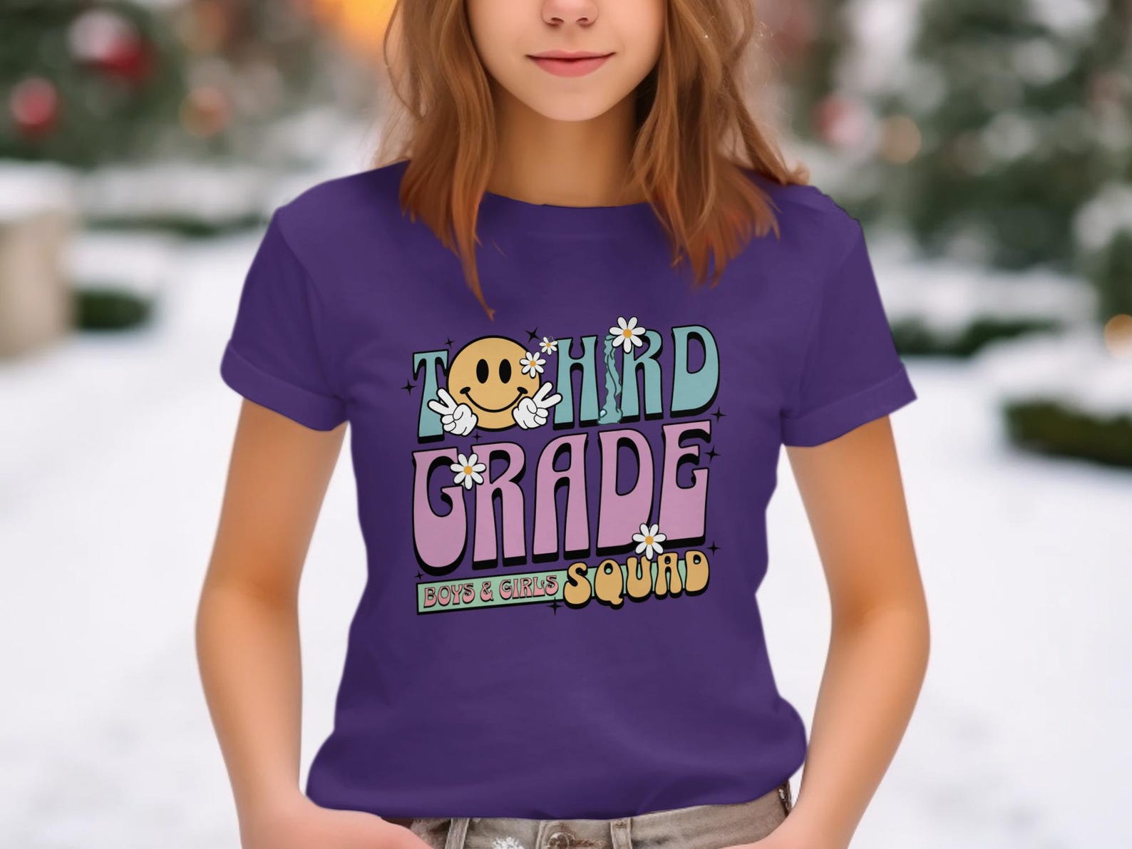 Third Grade Squad Groovy Smiley Daisy T-Shirt, Retro 70s Back to School Tee S