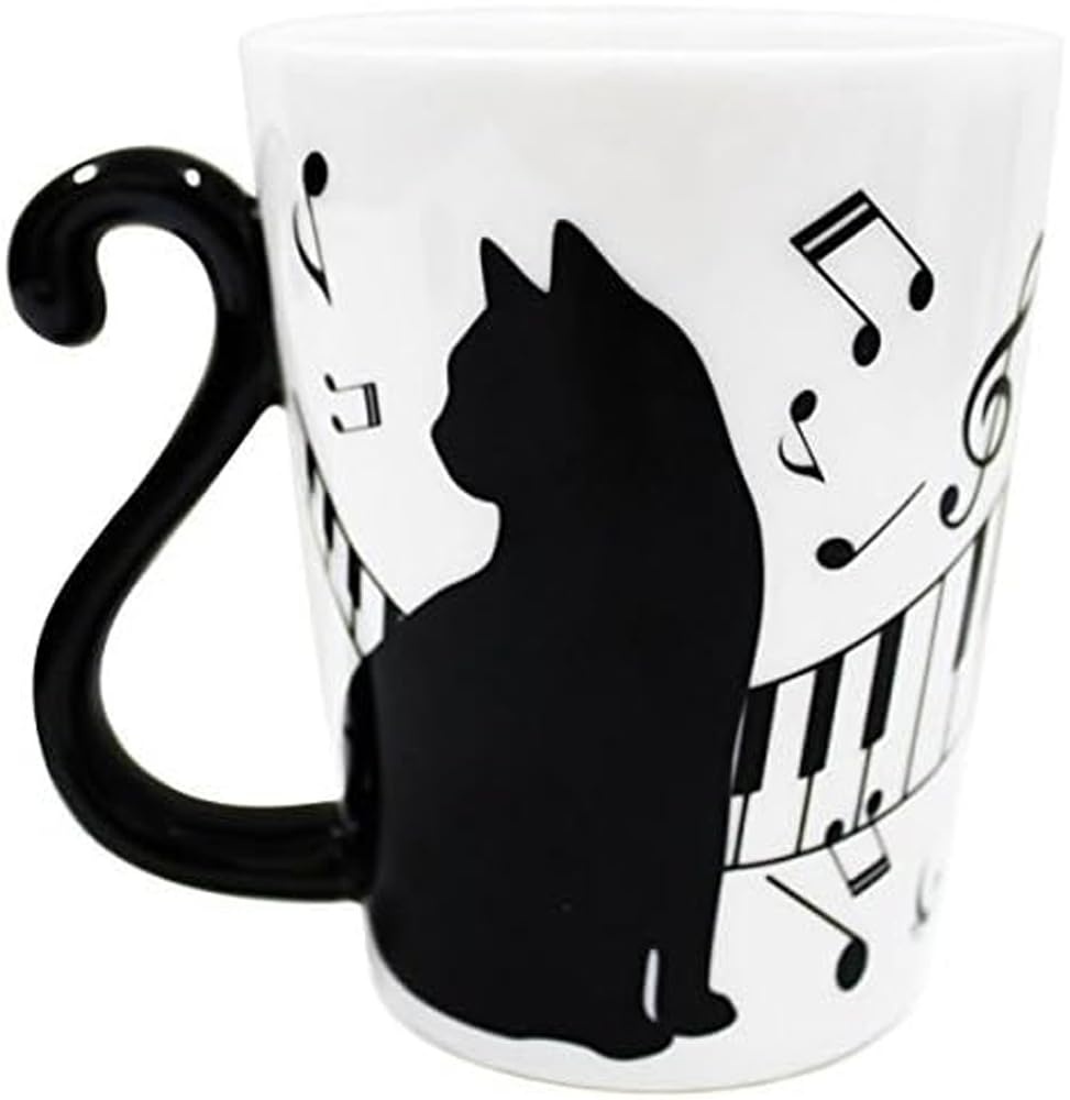 Artha Twin Black Cat Piano Dishwasher and Microwave Stylish Mugs with Tail Arranged To Form a Heart Shape Mugs, Pair, 300ml, Safe, Porcelain, Handles,