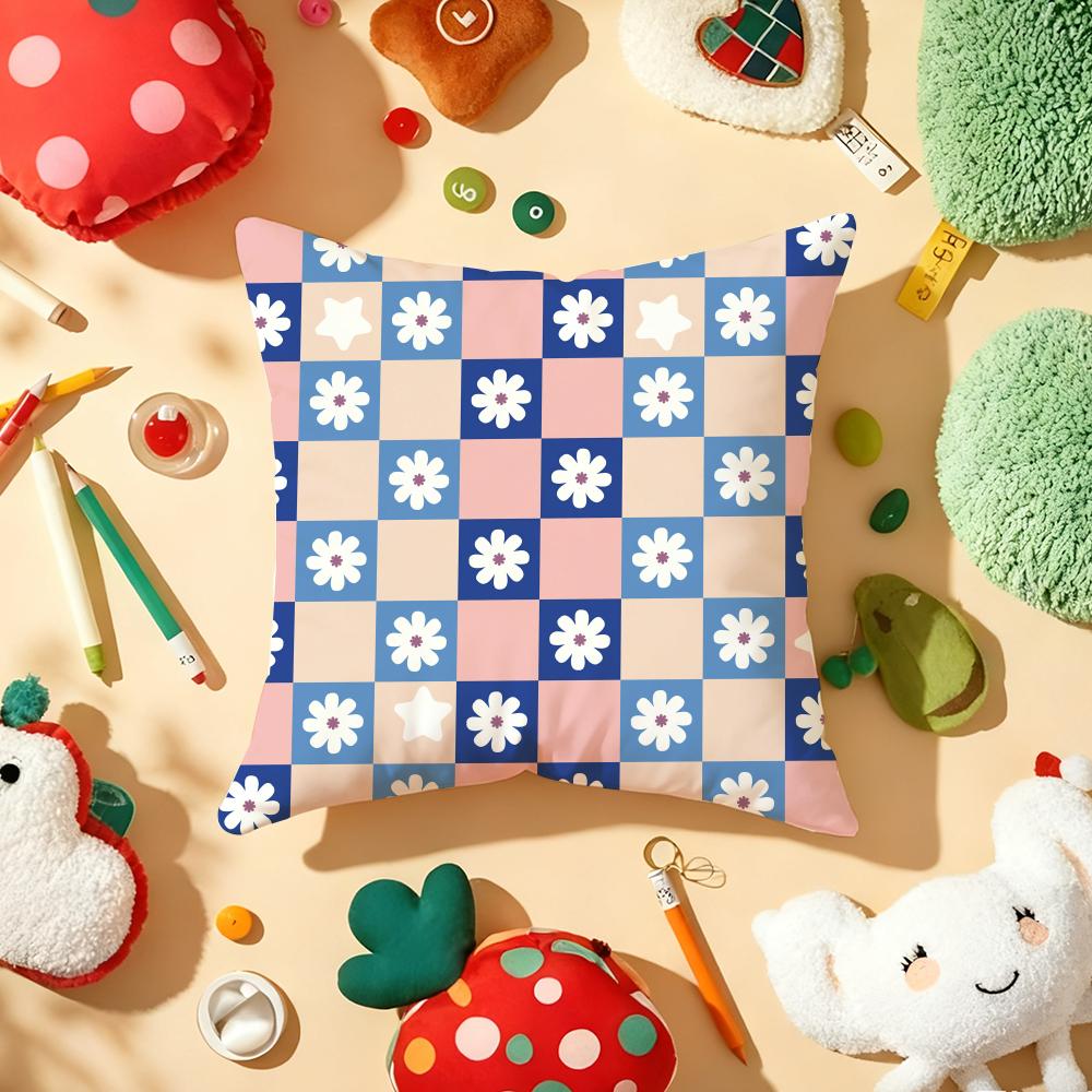 Checkered Flower Pattern Pillow Case Plush Fabric Soft Double-Sided Printed Sofa Warm Winter Home Gift Cushion Cover