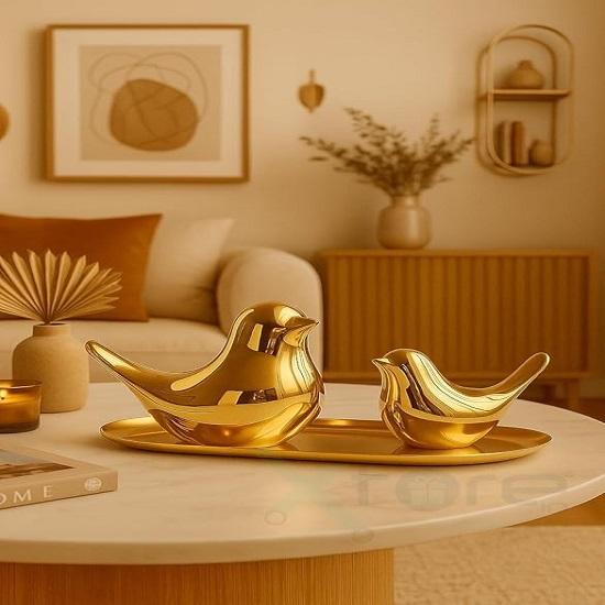 Ceramiczna Figurka Złotych Ptaków Błogosławieństwa do Dekoracji Domu Salon, Sypialnia, Biurko, Szafki Opakowanie 2 szt., Złota