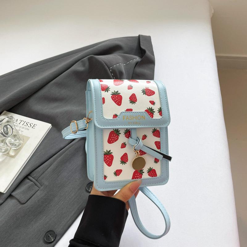 Light Blue Cherry Print Mini Crossbody Bag Cute PU Leather Phone Bag With Cherry Charm Daily Shopping Fashion Purse