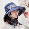 Female Summer Sun Hat Wide Brim Printing Bowknot Ribbon Foldable Soft Cap