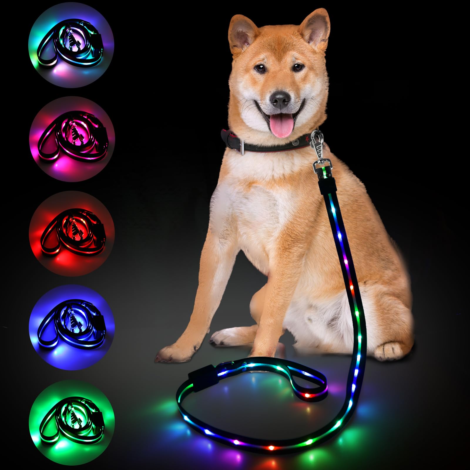 

Sazuik Dog Leash with 12 Lighting USB High Safety Suitable for and Large Dogs Light, Modes, Multi-Color Lighting, 1.5m, Rechargeable, Visibility,