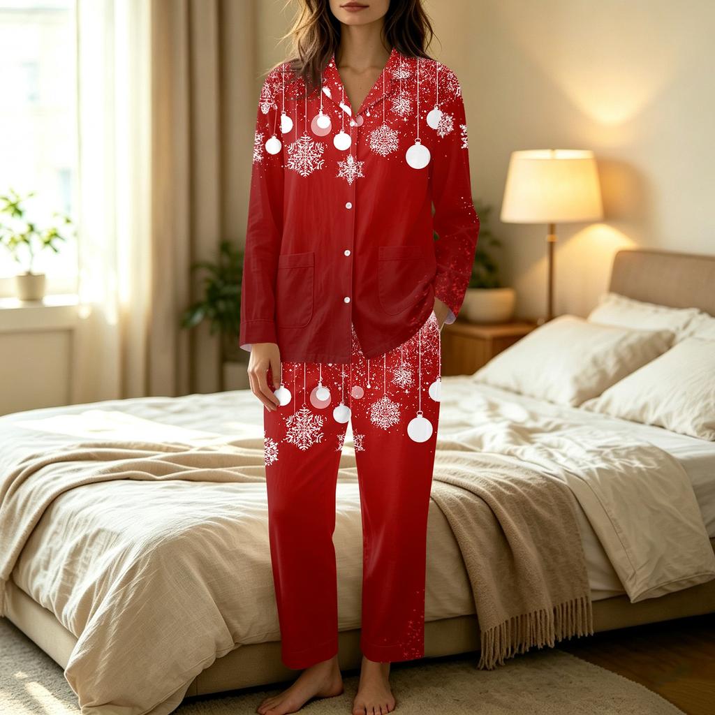 Women's Christmas Print Set, Long Sleeve Top and Long Pants Casual Fashion