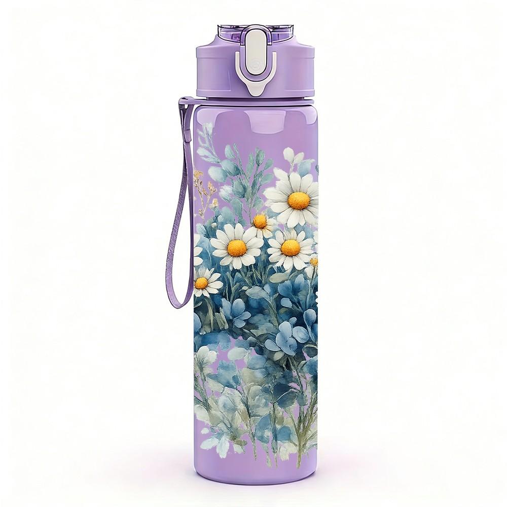 1PC White Daisy Blue Floral Bouquet Print 750ml Color Plastic Sports Water Bottle Leakproof Flip Straw Lid Suitable for Sports Office Home Use