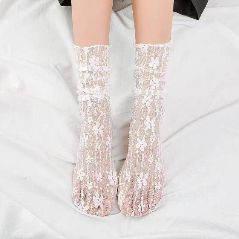 Women Sexy Lace Flower Fashion Ultra-thin Transparent Hollow Out Mesh Socks Summer Japan Style Harajuku Long Socks