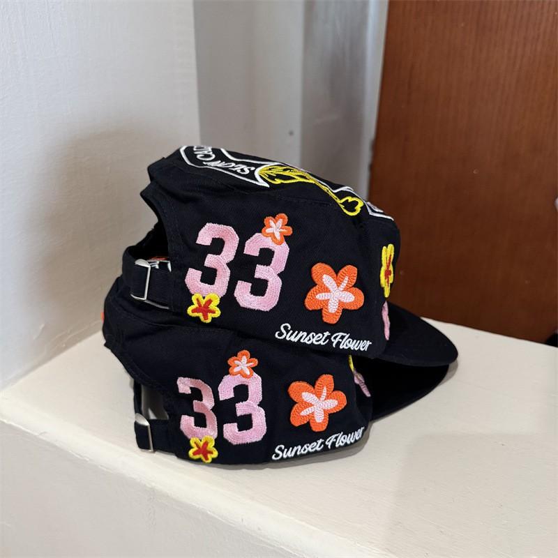 Unisex Embroidered Floral Flat Top Baseball Cap Wide Brim Sun Hat Breathable Cotton Blend Adjustable