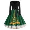 Women's Retro V-Neck Christmas Print Dress with Snowflake and Christmas Tree Pattern