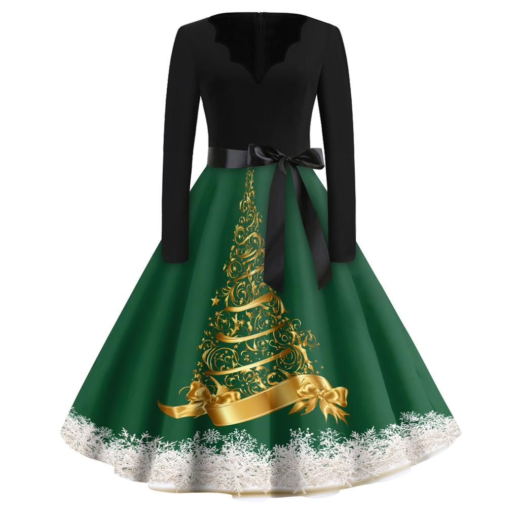 Women's Retro V-Neck Christmas Print Dress with Snowflake and Christmas Tree Pattern