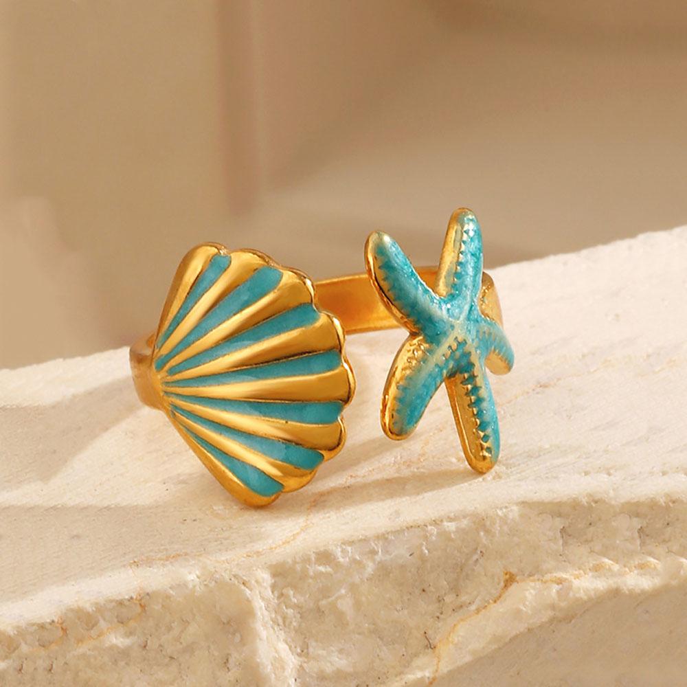 

New Colorful Starfish Shell Open Ring for Women Men Ocean Style Red Blue Glaze Star Seahorse Ring Finger Zircon Y2K Accessories