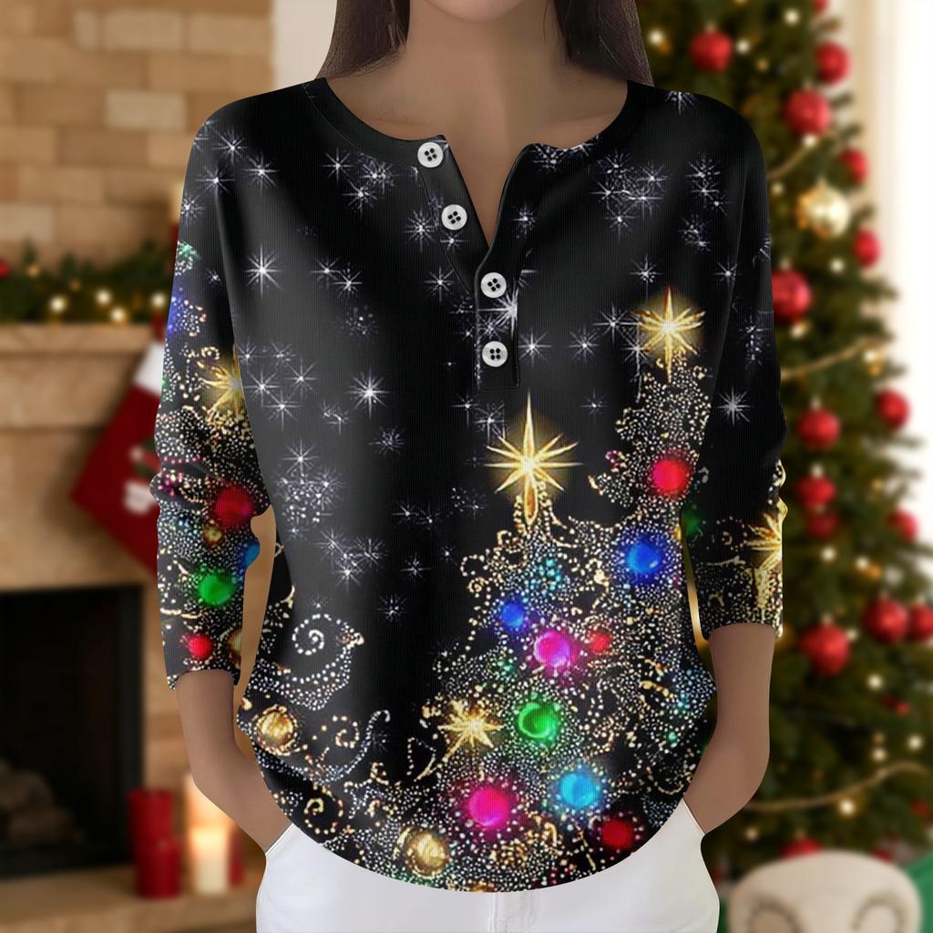 Women's Fashion Long Sleeve Christmas Snowflake Print Top Elegant Casual Top