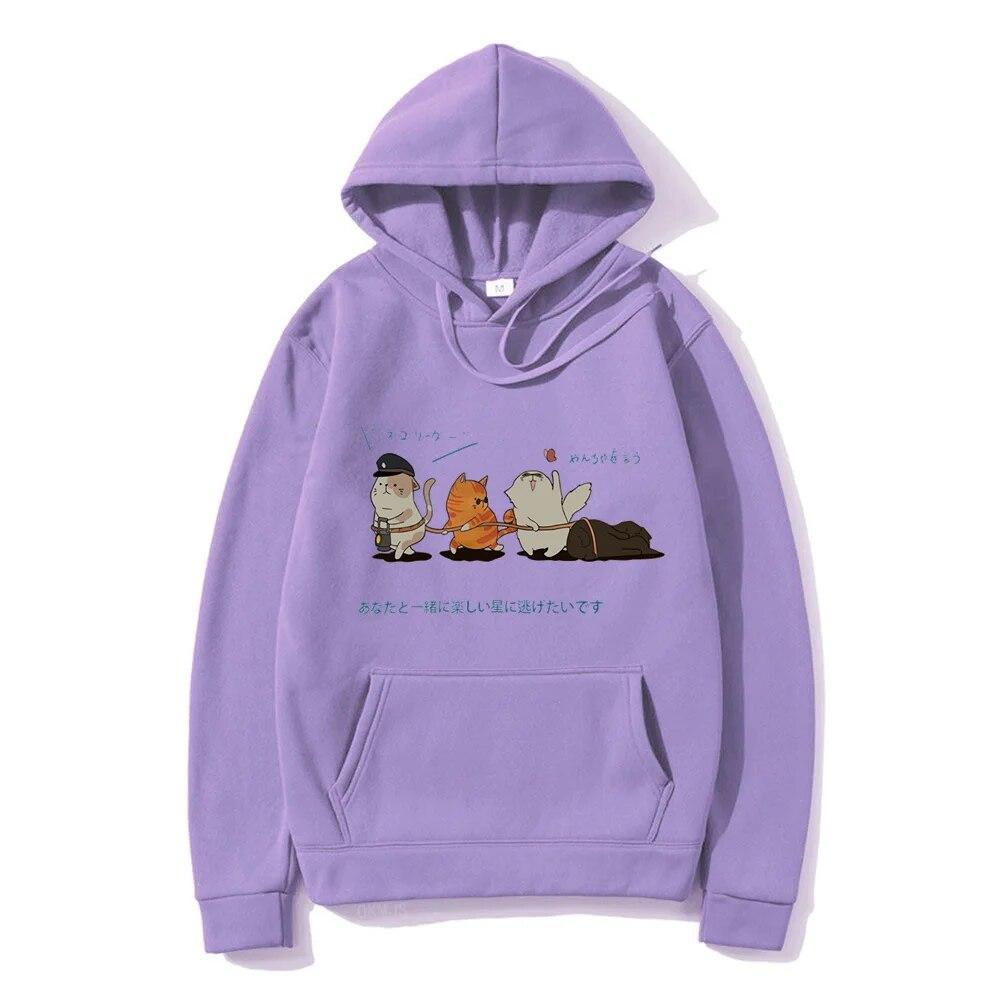 Men Hip Hop Unisex's Hoodies Streetwear Japanese Kanji Harajuku Funny Cat Unisex Hoodies Sweatshirts Autumn Winter Oversized Clothing