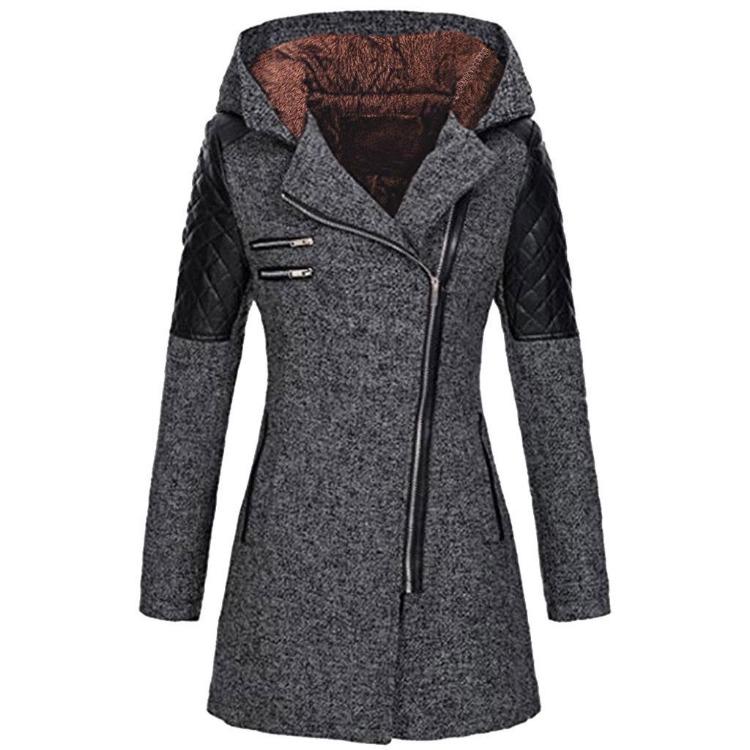 Warm Winter Coat Women Mid Length Woolen Hooded Windbreaker with Oblique Zipper