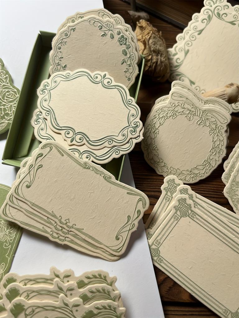 30pcs/box Vintage Embossed Note Cards with Floral & Geometric Designs - Textured Green Paper for Journaling, Scrapbooking