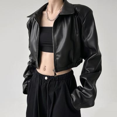 Jacken PU Leder Frauen Schwarz Revers Langarm Crop Mäntel Amerikanische Retro Streetwear Reißverschluss Mode Lässig Weibliche Oberbekleidung