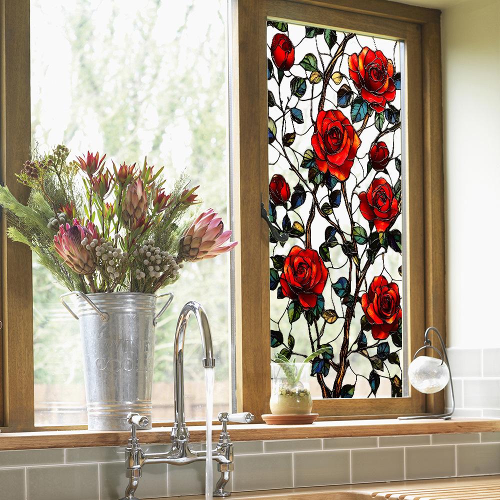 Bright Rose Leaves Balcony Glass Window Beautification and Decoration Electrostatic Window Stickers