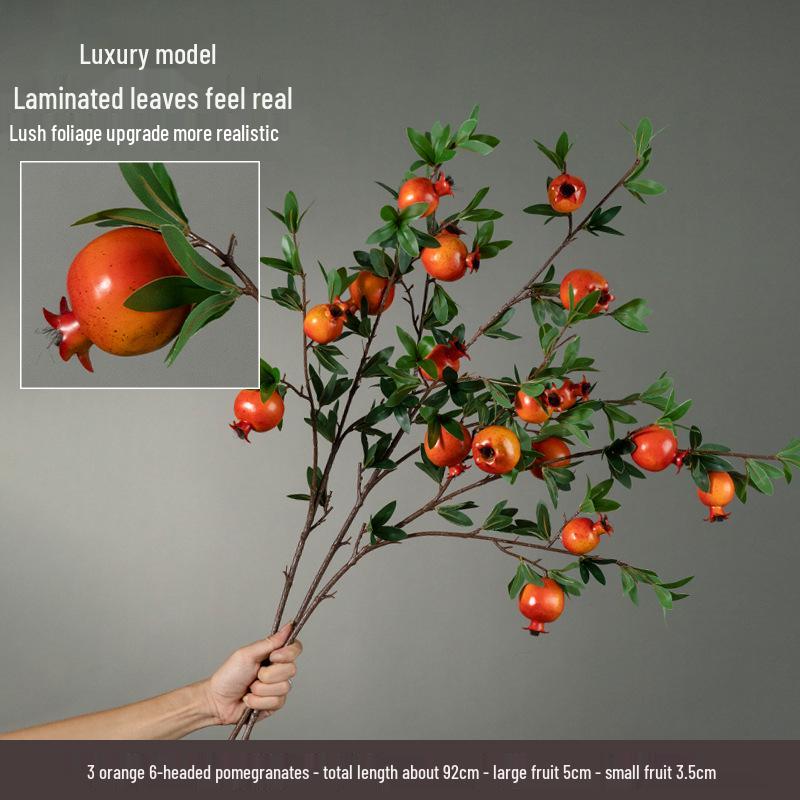 High-End Artificial Pomegranate Flower & Fruit Tree Branch Arrangement for Living Room or Dining Table Decor.