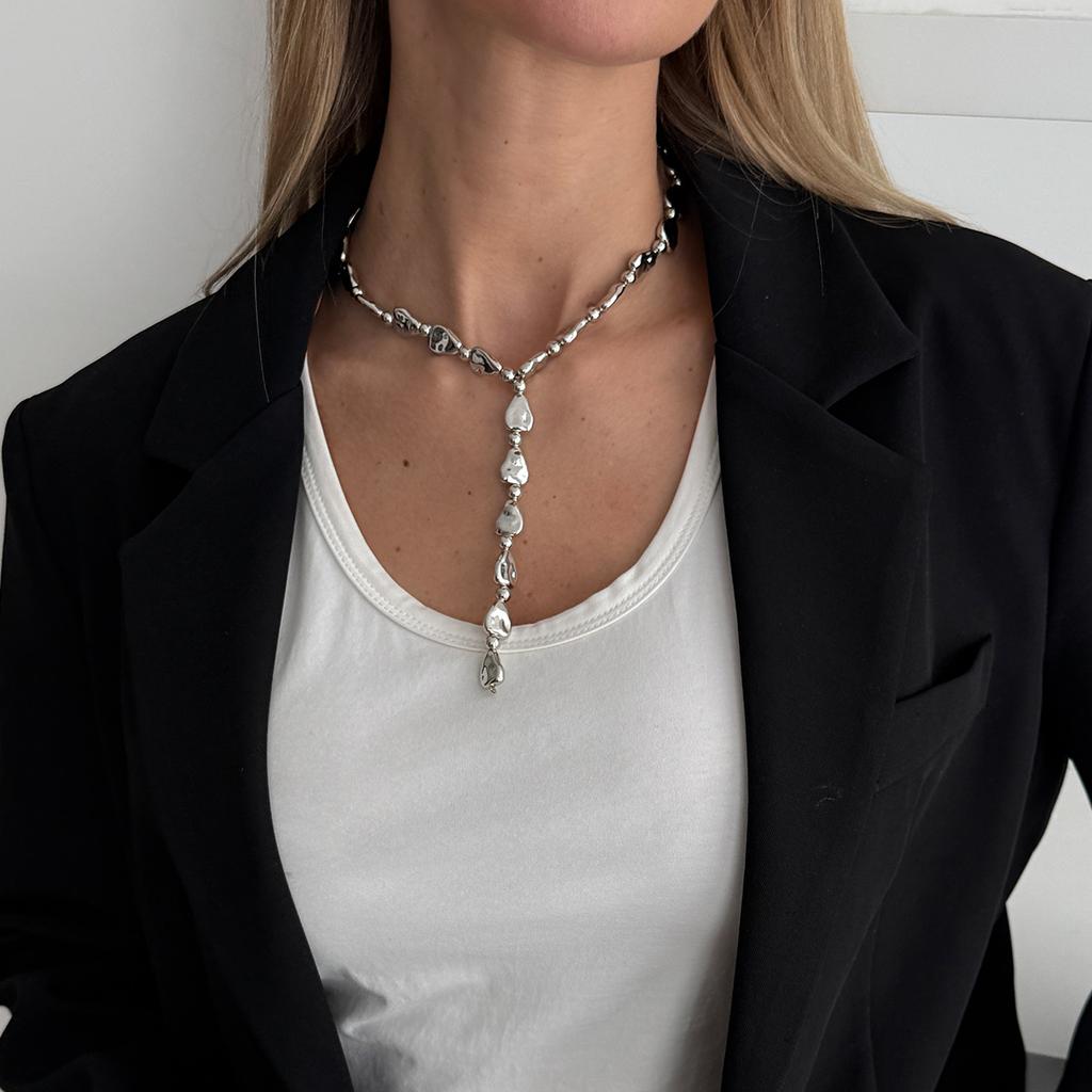 Fashion Irregular Hammered Metal Y-Shaped Necklace, Ins Cool Style Special Shape Long Necklace For Women