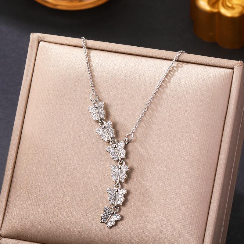 Korean Butterfly Tassel Luxury Diamond Titanium Steel Necklace - Women's Versatile Clavicle Jewelry