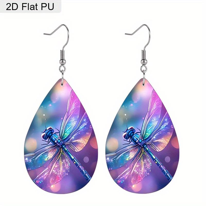 Fantastic Blue Purple Dragonfly Theme PU Earrings for Women, Tropical Style Insect Print Drop Earrings, Women's Fashion Drape Earrings