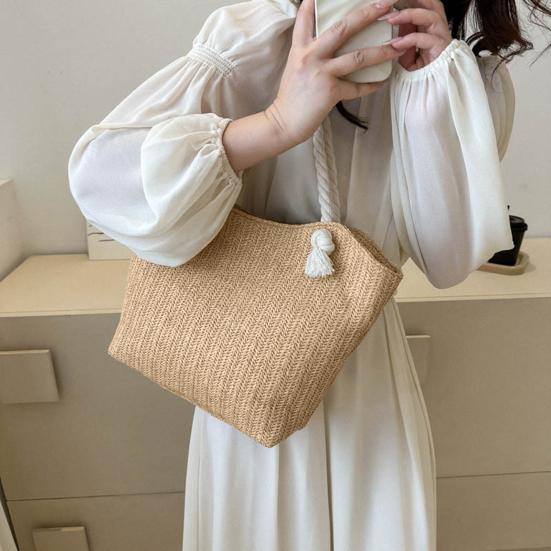 Women Straw Shoulder Bag Large Capacity Tote Bag Zipper Closure Casual Beach Bag for Daily Outings Travel Vacation Work