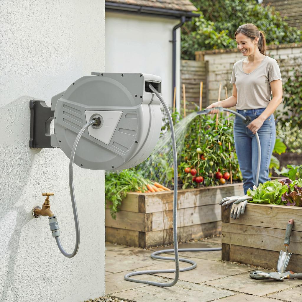 Wall-Mounted Garden Hose Reel, 40+2 m, 15 mm, 180 Swivel, Grey