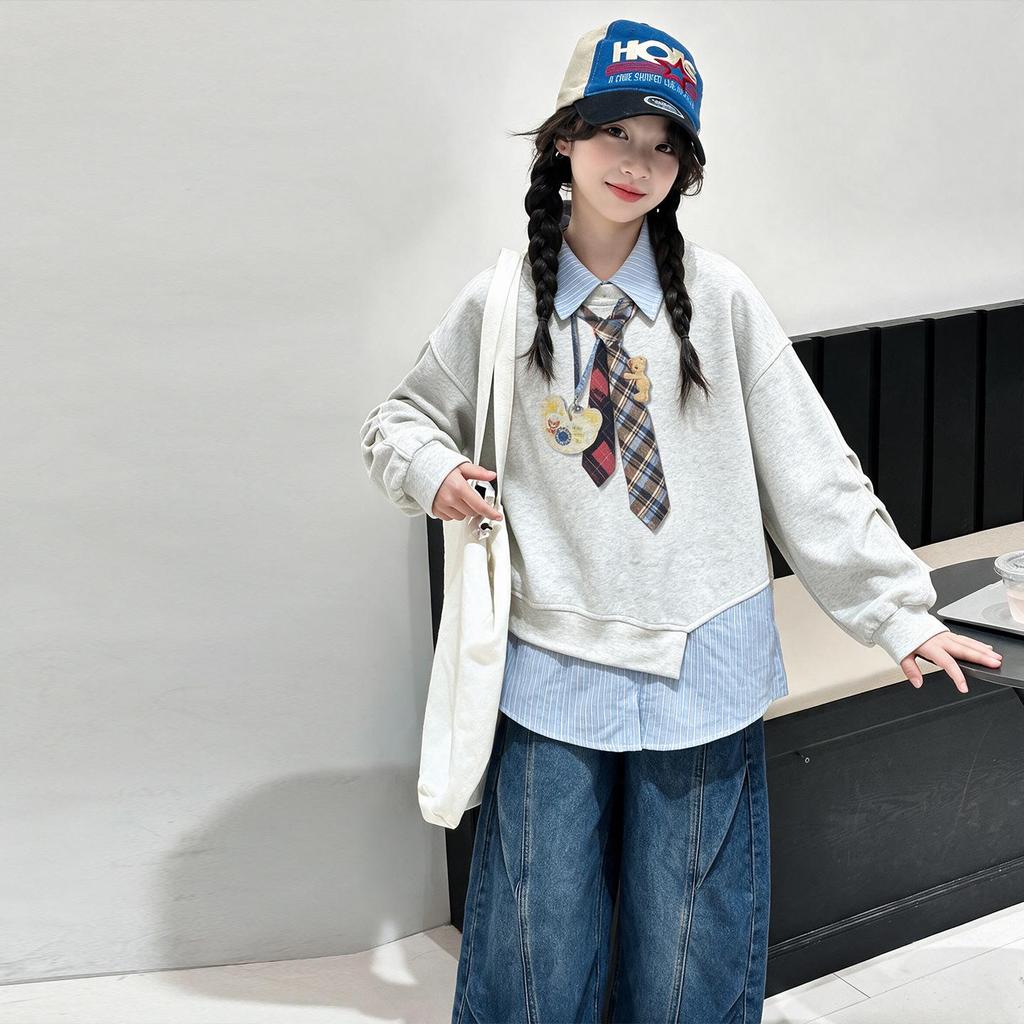 Girls' Faux Two-Piece Lapel Hoodie - Spring/Autumn 2026 New Style for Medium & Large Children