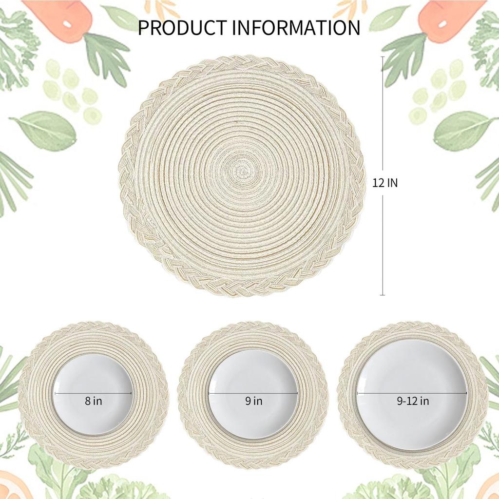 11.8 Inch Placemats,Round Braided Placemats Set of 4,Non Slip Washable Heat Resistant Cotton Polyester Circle Place Mats for Kitchen Dinner Party