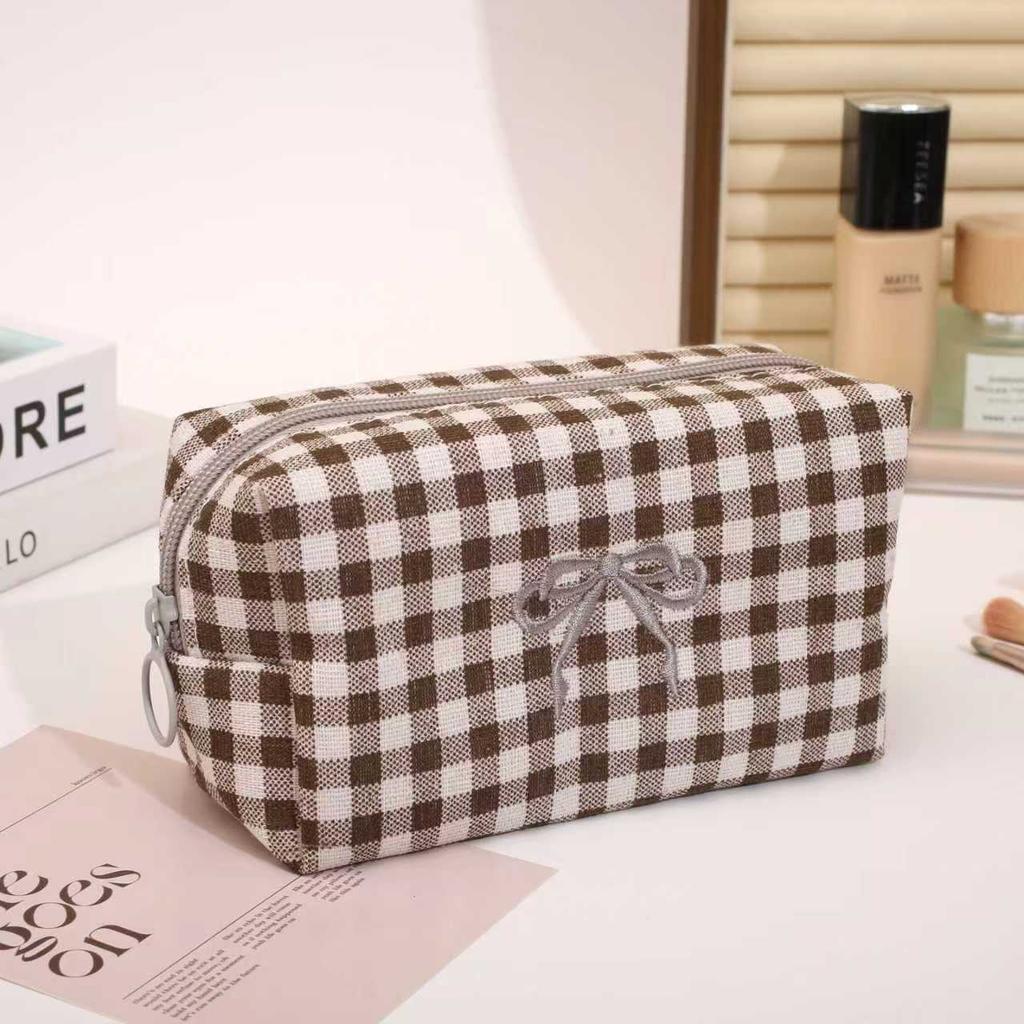 Trendy Plaid Makeup Bag Embroidered Bow Octagonal Cosmetics Organizer Makeup Pouch Portable Travel Organizer Bags Toiletries Bag