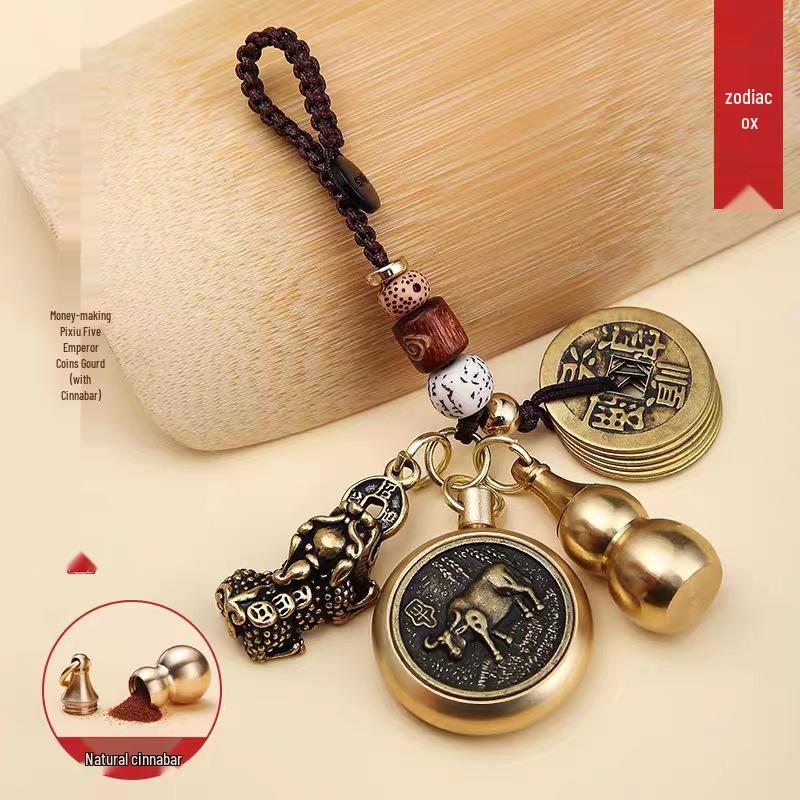 Reiner Messing Pixiu Kürbis Tierkreisanhänger mit Zinnobermünzen Schlüsselanhänger