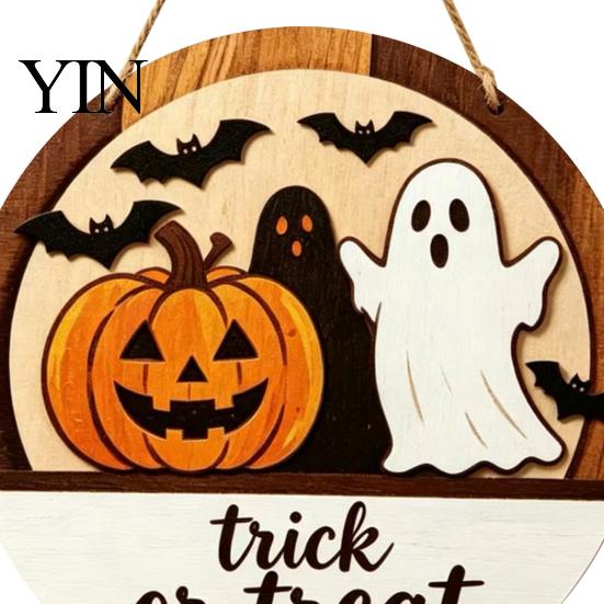 Halloween Door Sign Layered Round Hanger, 3D Pumpkin Ghost Owl Wood Welcome Sign, Handmade Farmhouse Front Wall Hanging Decor for Home Store