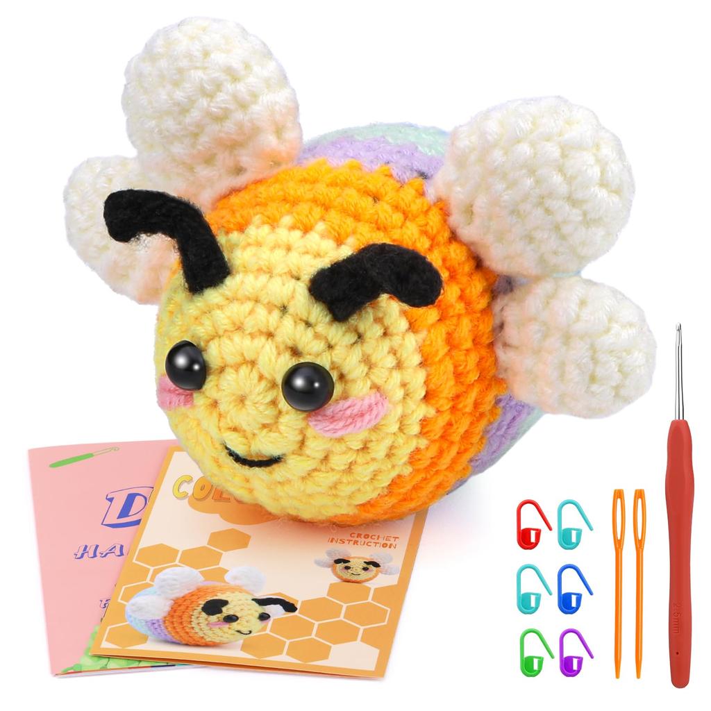 Fenrry Crochet Animal Kit Bee with Hook Yarn Set for Beginners Adults DIY Craft Supplies Step-by-Step Video Tutorials
