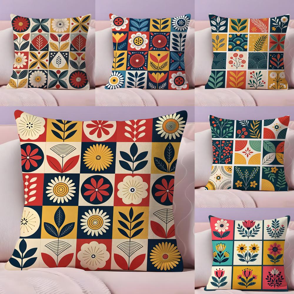 Retro Karomuster Blumen Kissenbezug Kurzer Plüsch Doppelseitiger Druck Quadratische Dekokissen für Sofa Zuhause