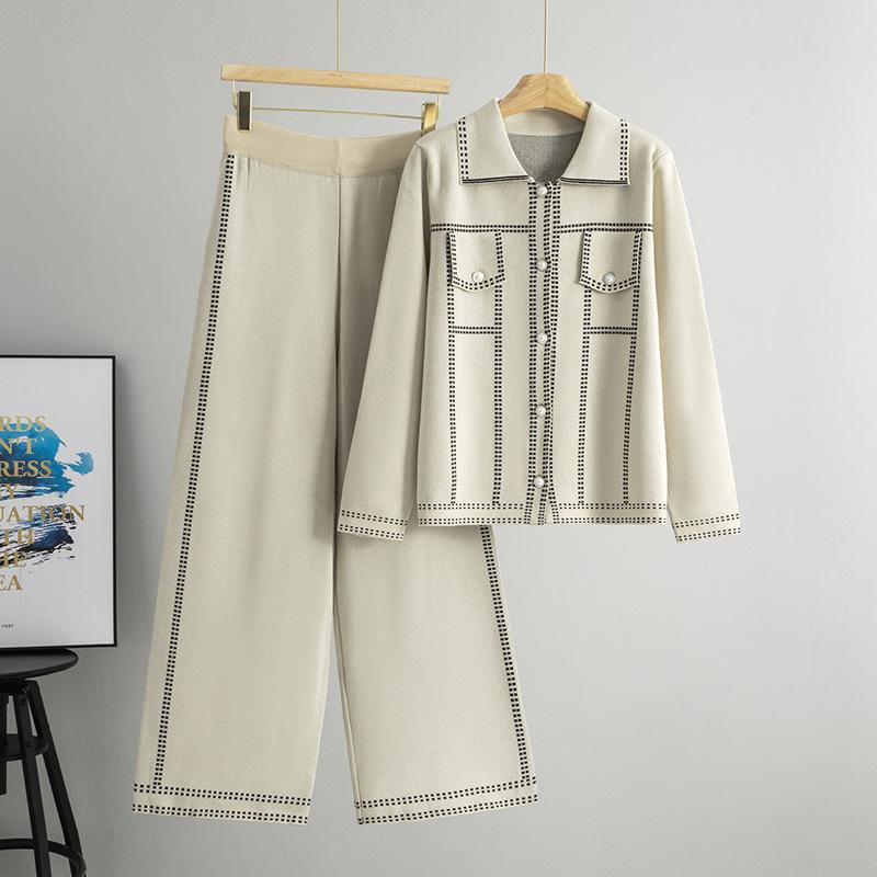 Women s Cross-Border Fashion Knit Set: Lapel Sweater & Wide-Leg Pants for Autumn/Winter One Size абрикосовый