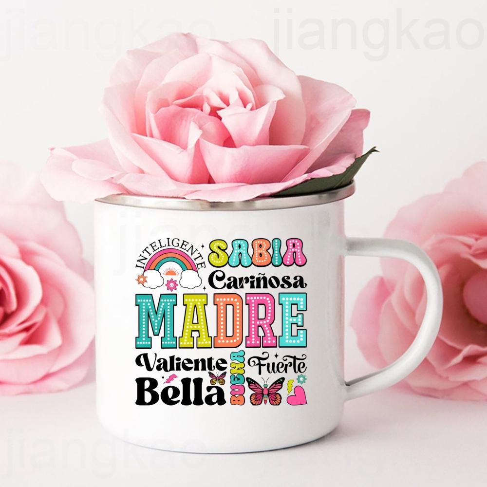 Intelligent Loving Brave Mother Spanish Print Enamel Coffee Mug Drinks Milk Cup Camping Mugs Birthday Mother's Day Gift for Mom